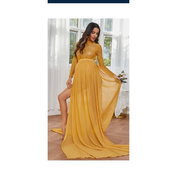 Long Sleeve Lace See-Through Maternity Gown for Photography, Orange ,L - Picture 1 of 12